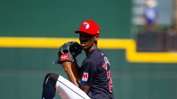 Mar 11, 2024; Goodyear, Arizona, USA; Cleveland Guardians pitcher Triston McKenzie against the Los Angeles Dodgers during a spring training game at Goodyear Ballpark. Mandatory Credit: Mark J. Rebilas-USA TODAY Sports